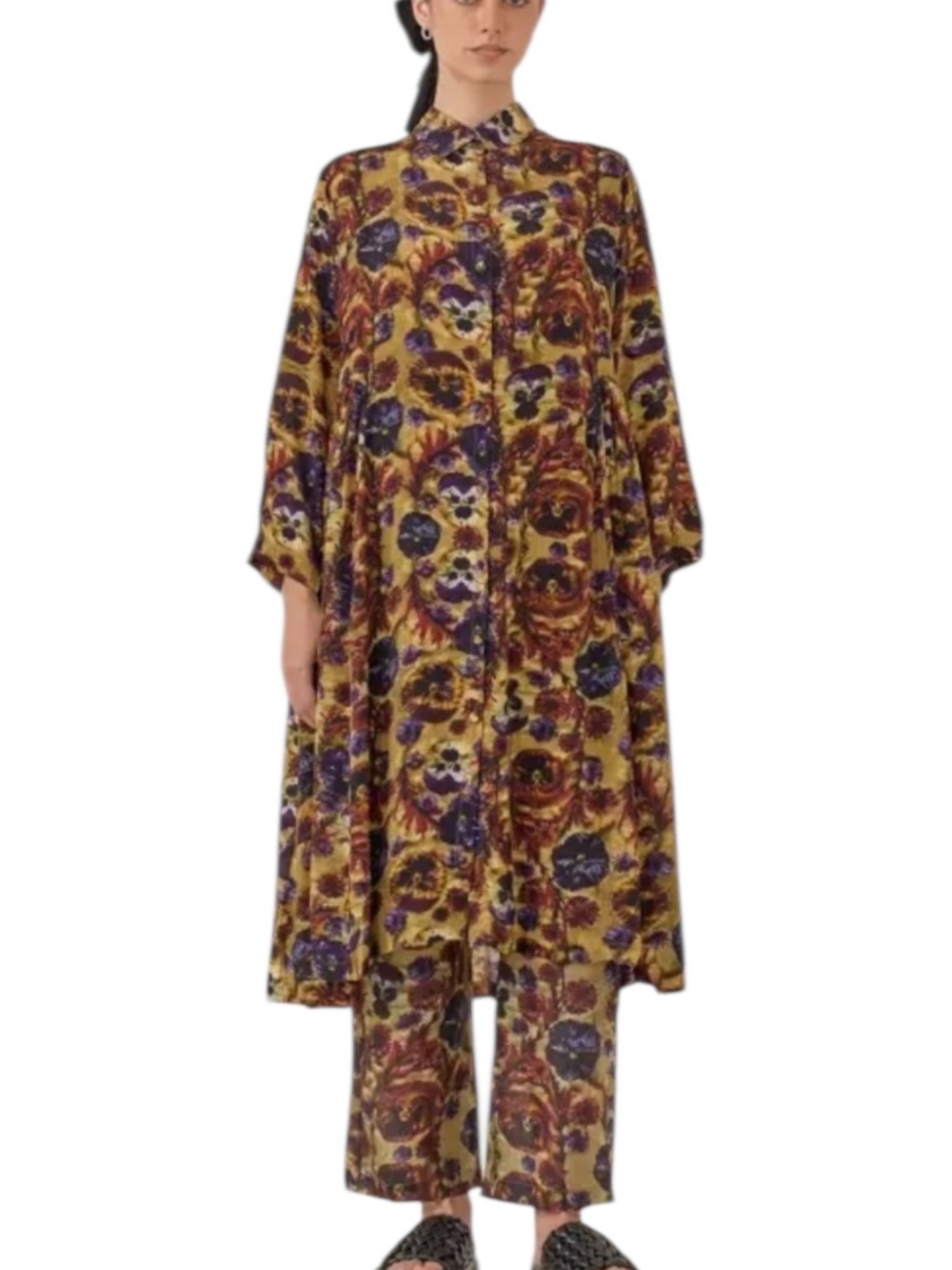 Yavi Multi Color Maria Dress Long Sleeve Midi Pansy Floral Size M Dress Only